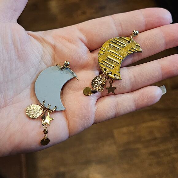 Moon Dangle Earrings Bookstack Embossed Cottagecore Read Boho Handmade Clay - Picture 3 of 5